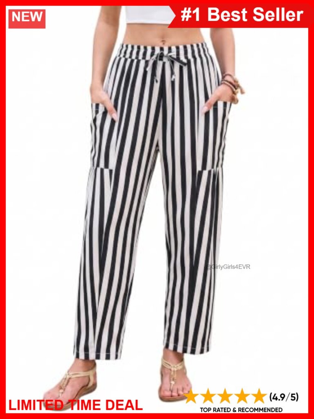 Women's Striped Wide Leg Cropped Pants with Pockets Drawstring